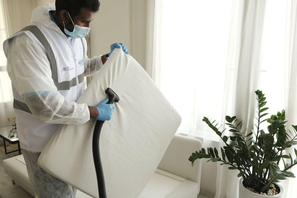 a person using a vacuum to clean furniture around the house