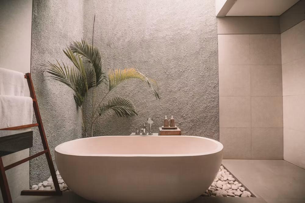 A luxury bathroom with a bath tub
