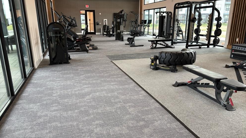 An image of a clean fitness room with shared exercise equipment